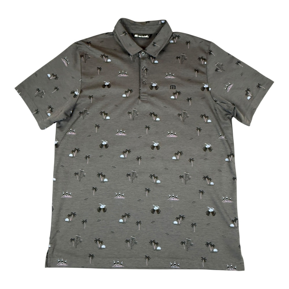 TravisMathew Mens XL Grey Novelty Polo Shirt Palm Trees Beer Mugs Pima Cotton